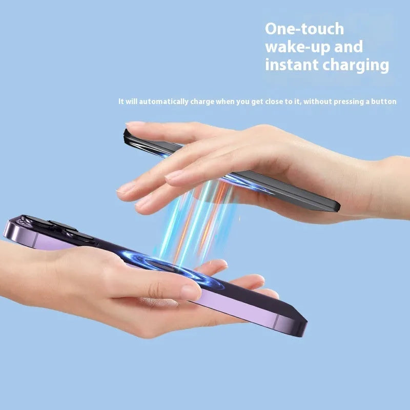 Ultra-thin magnetic power bank in dark grey showing 9mm profile and iPhone attachment