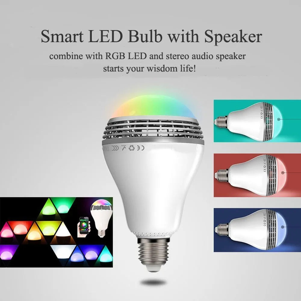 Creative Home LED Smart Bluetooth Speaker E27 Bulb showing 100mm diameter, RGB+W colours, and E27 fitting