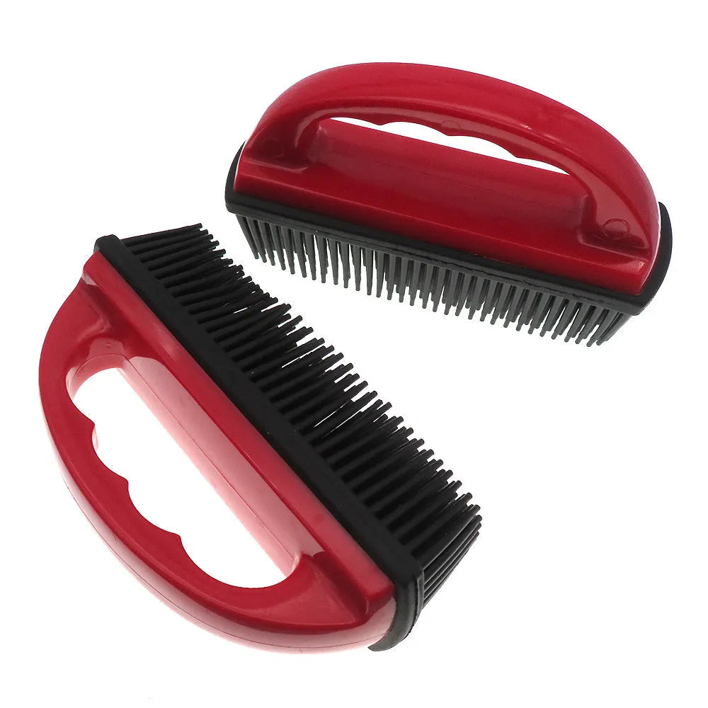 Red pet hair removal brush with silicone bristles measuring 160x85mm and ergonomic plastic handle