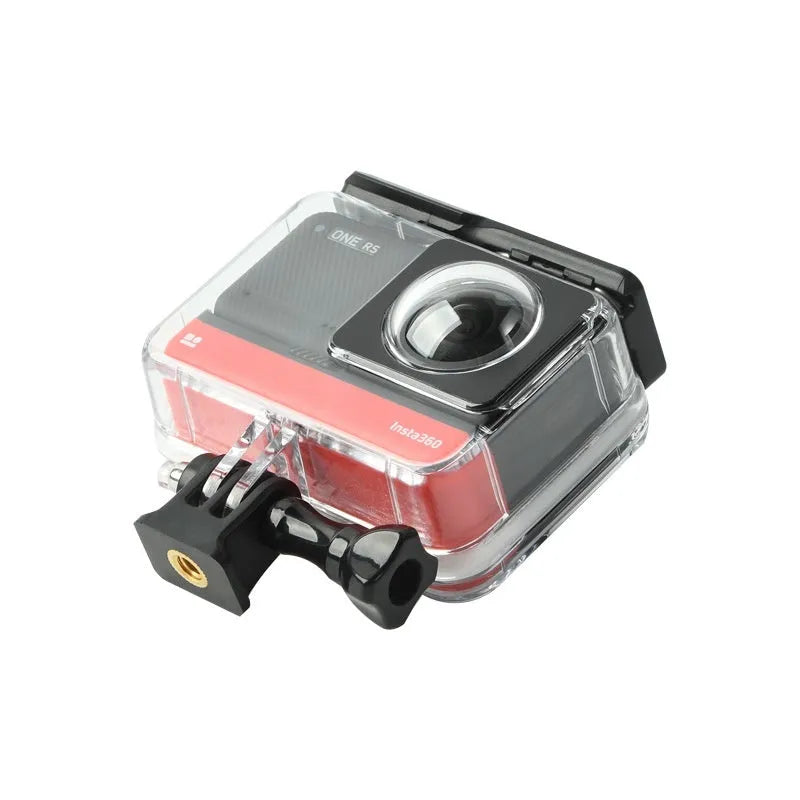 Transparent Insta360 One RS waterproof case measuring 9x8x4.5cm with dual lens protective cover
