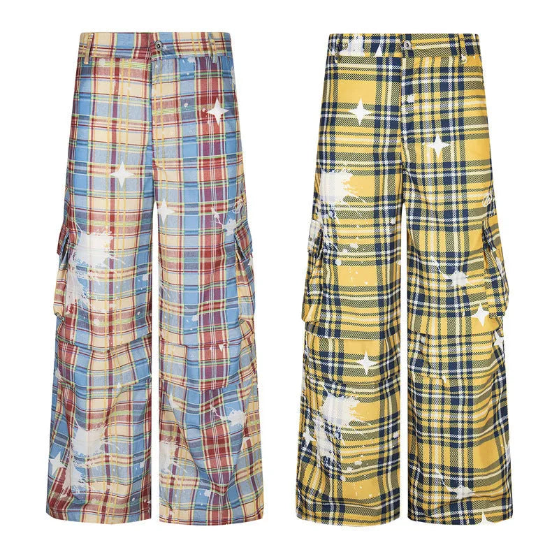 Men's blue and yellow plaid straight-leg trousers laid flat showing retro pattern