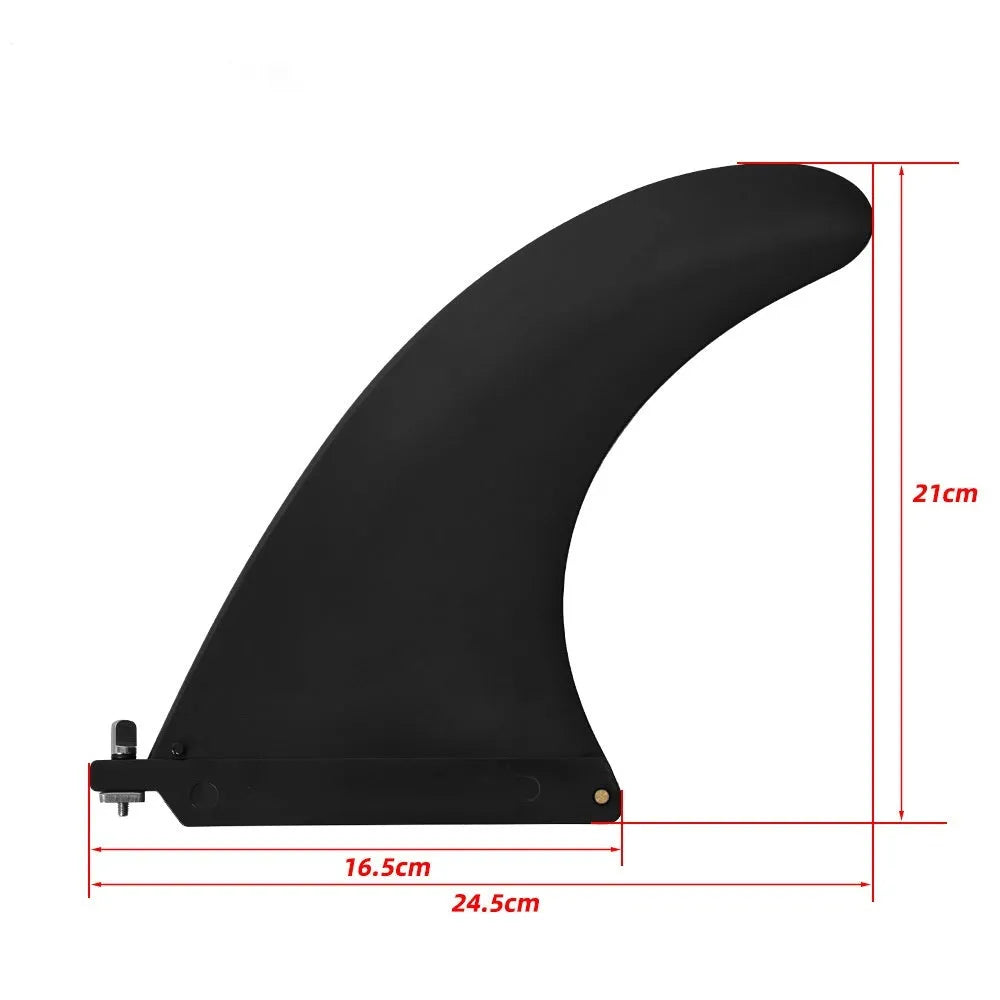 SUP paddle with detachable fish fins showing screw attachment mechanism and plastic construction