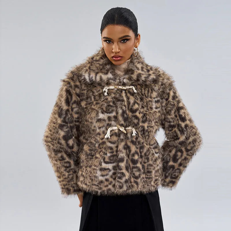 Women's leopard print coat with regular sleeves, 50cm length, in street fashion style