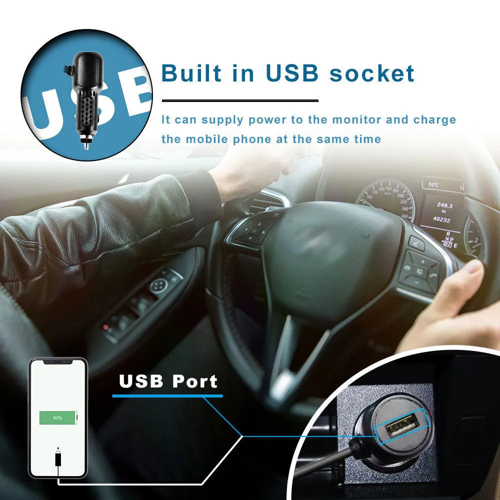 Black folding screen car baby monitor with 4.3-inch display and cigarette lighter power cable.