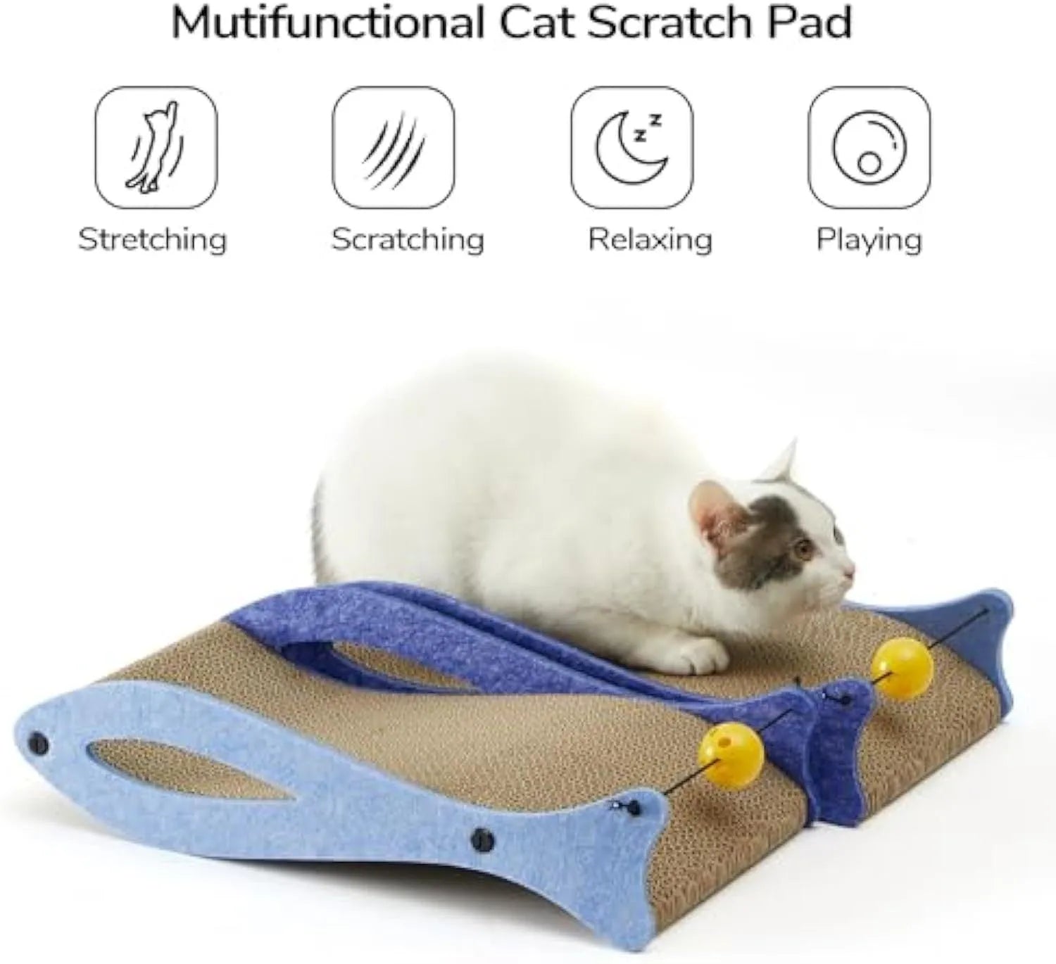 Blue fish-shaped cat scratcher with bell ball toy on elastic cord, dimensions 46x25x10cm