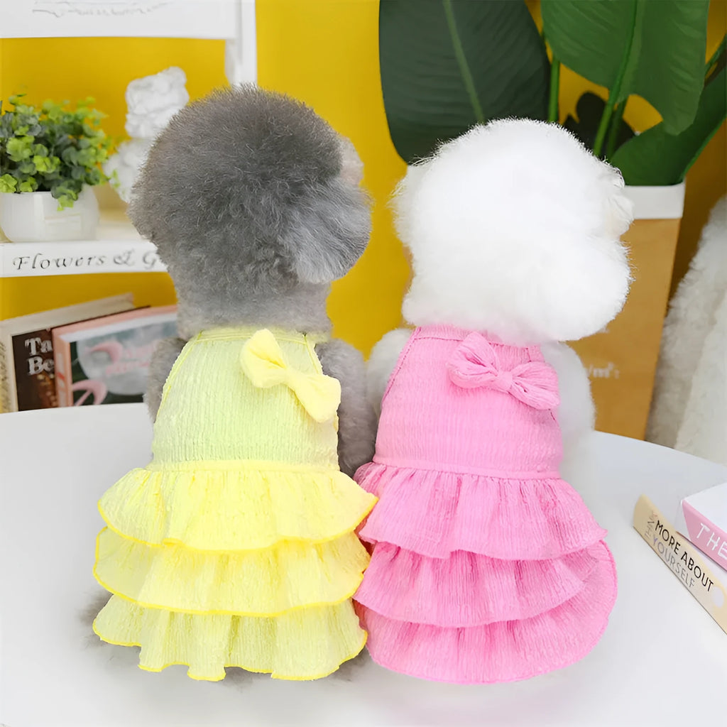 Polyester princess dress for small dogs with layered skirt and hair candy details in rose red colour