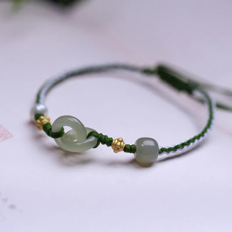 Hetian jade woven bracelet with flexible wire and hollow-out design in silver or gold finish