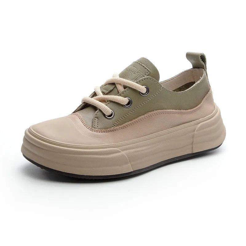 Women's matcha green leather platform sneakers with round toe and lace-up front on a white background.
