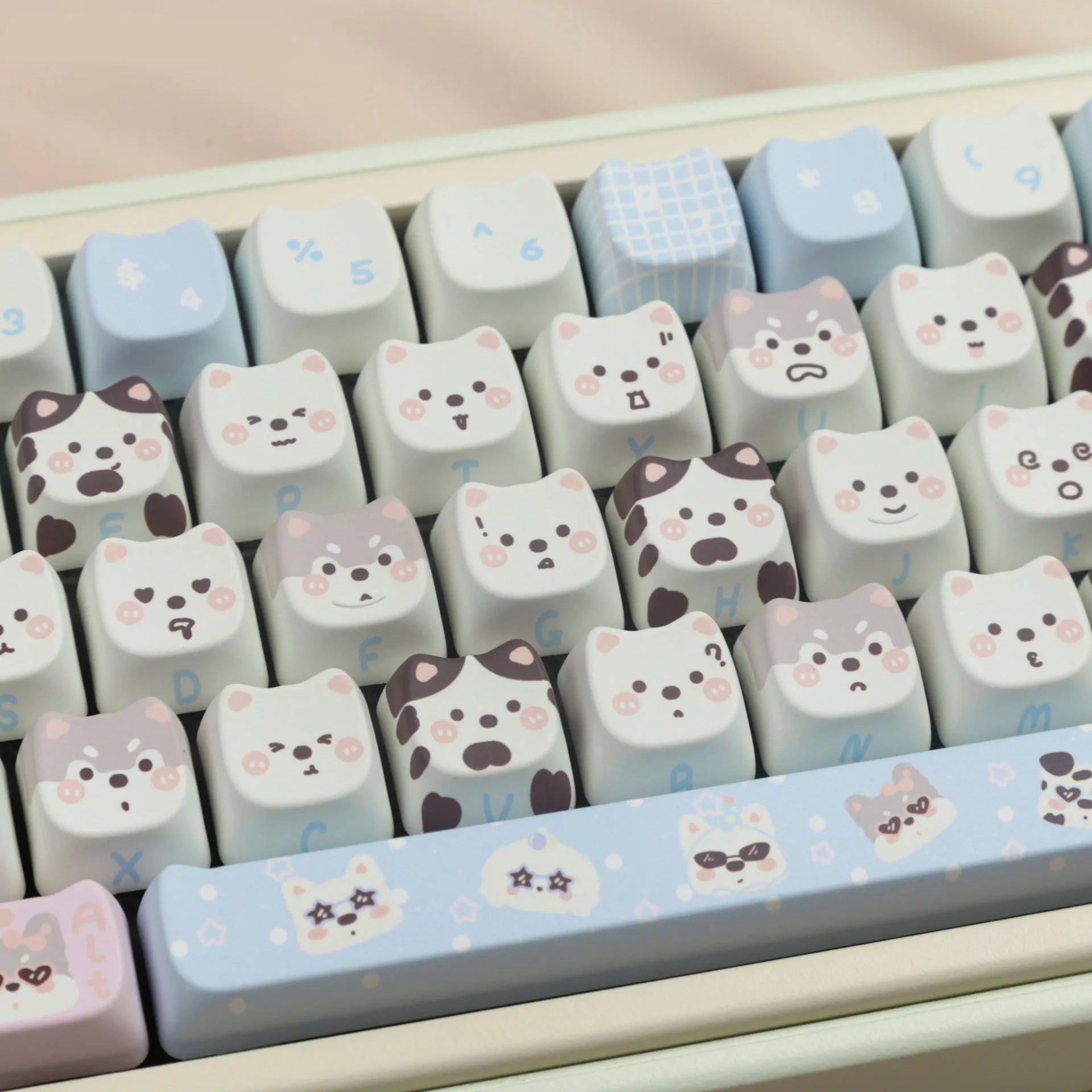 Full set of 26 PBT key caps with cute puppy designs for mechanical keyboards
