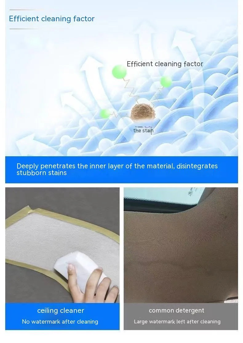 Bottle of enzyme-based fabric ceiling cleaner with towel and sponge wipes on a car roof