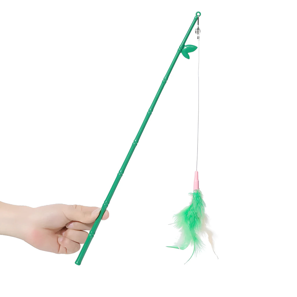 Green interactive cat wand toy with feather and bell attachments for stimulating play