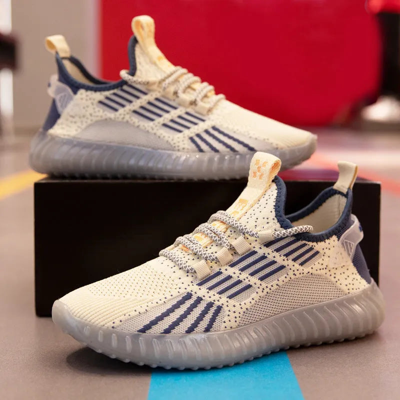 Men's white breathable flying fabric sports shoes with mesh lining and platform heel on a neutral background
