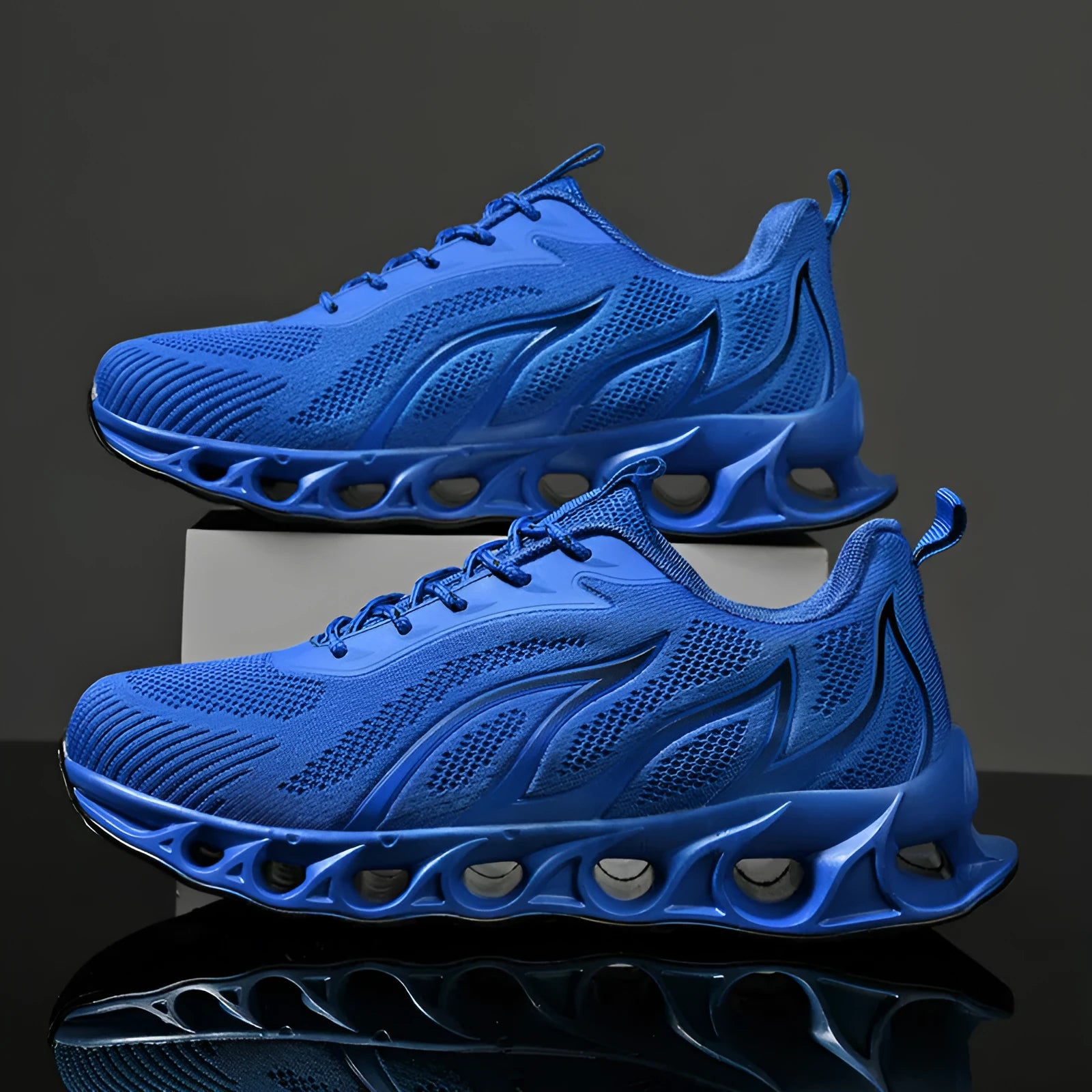 Men's Sapphire Blue sports casual shoes with flame pattern detail and mesh upper on a white background.