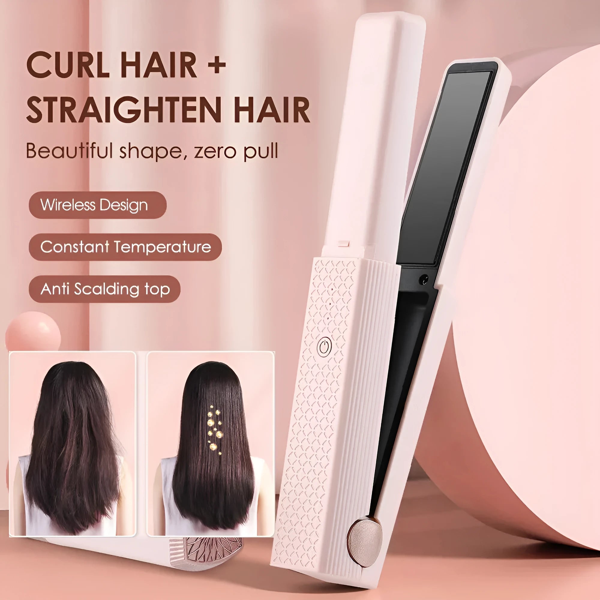 Pink and green cordless USB hair straightener with ceramic plates, shown with USB cable.