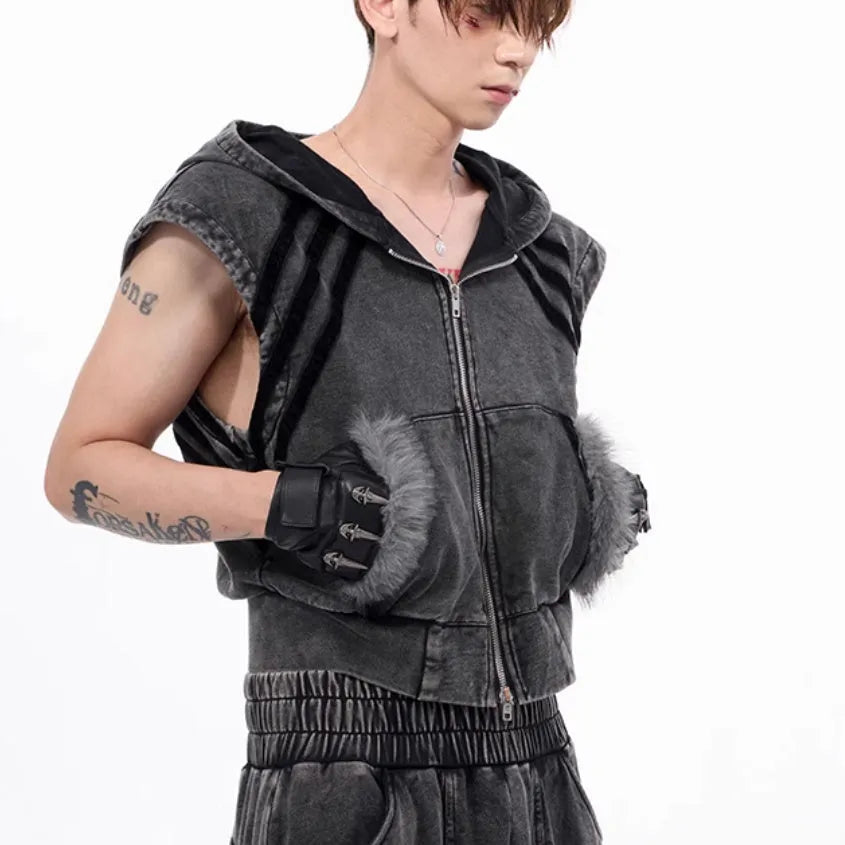 Korean style hooded sleeveless tank top and matching trousers set in black and grey colours