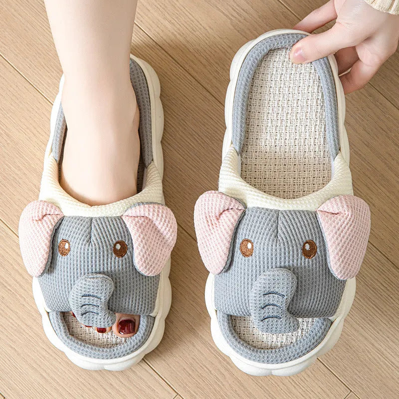 Elephant grey animal print linen open toe slippers for couples on PVC soles