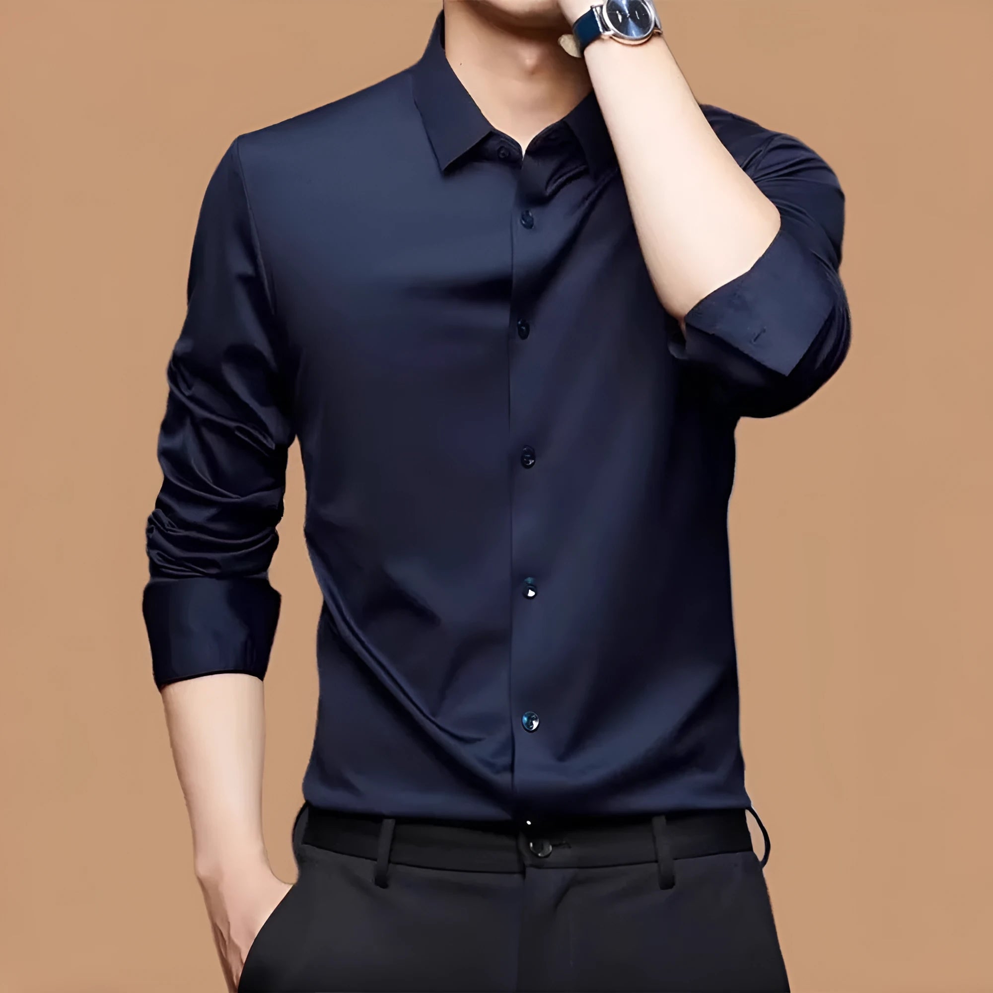 Seamless long sleeve anti-wrinkle shirt in elastic spandex fabric available in multiple colours