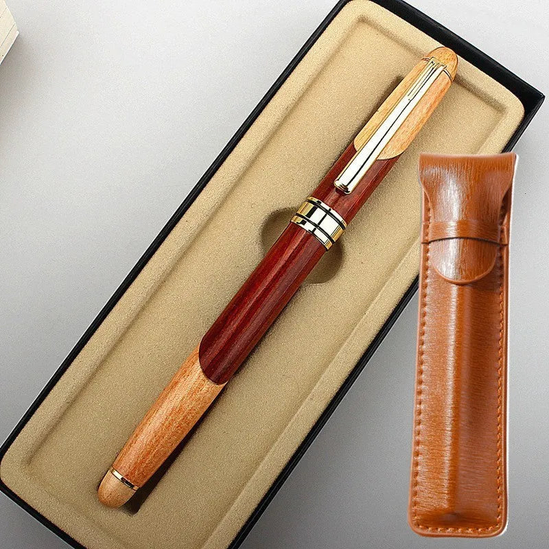 Wooden fountain pen with metal accents and a matching fabric pen bag.