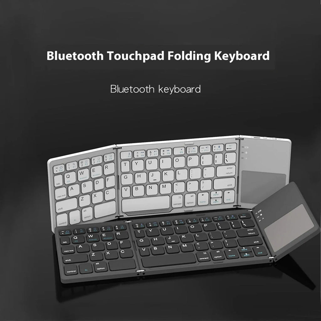 Black mini tri-fold Bluetooth keyboard showing folded thickness of 0.8cm beside tablet
