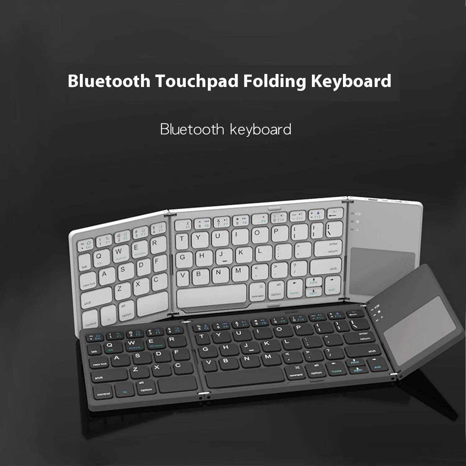 Black mini tri-fold Bluetooth keyboard showing folded thickness of 0.8cm beside tablet