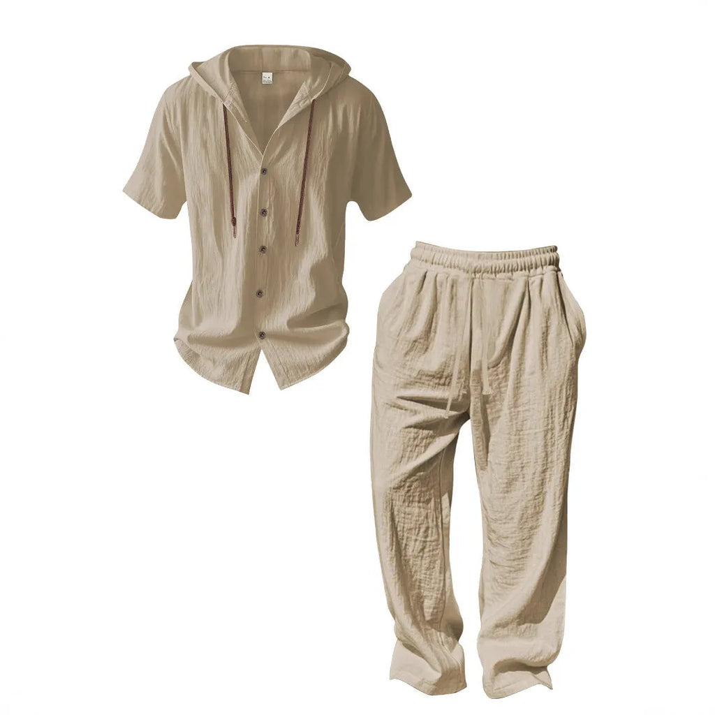 Men's casual cotton sports leisure suit in a long sleeve top and trousers, shown in a neutral colour.