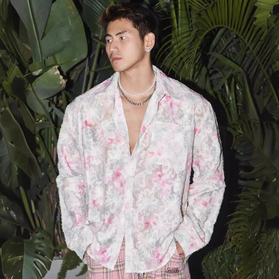 Men's pink floral long-sleeve shirt with embossed texture, loose fit, on hanger