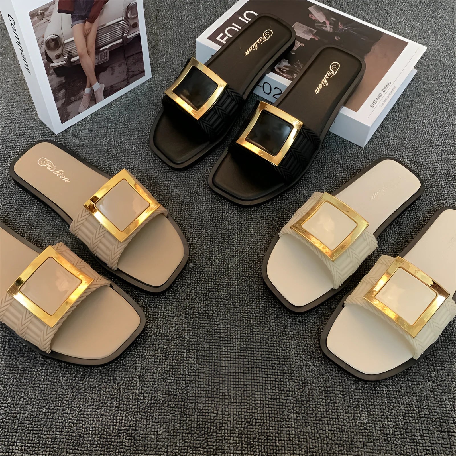 Women's flat summer slippers in apricot colour with a casual design and PVC sole.