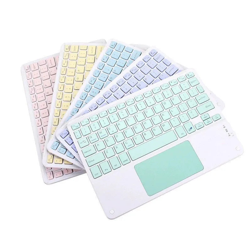 10 inch Bluetooth keyboard with touchpad, Type-C rechargeable, shown in black with colour options.