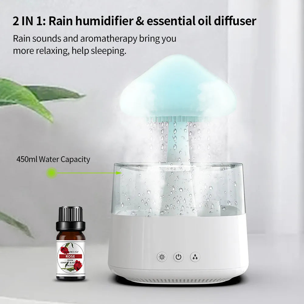 Raining cloud design desk humidifier and mushroom night light with aromatherapy diffuser