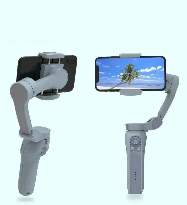 Folding L7B PRO three-axis mobile phone gimbal stabiliser shown in both unfolded and compact folded sizes.