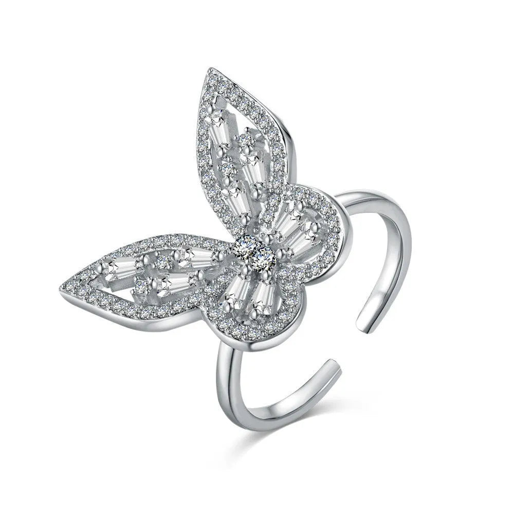 S925 sterling silver butterfly ring with white diamond inlaid zircon and adjustable opening band for women