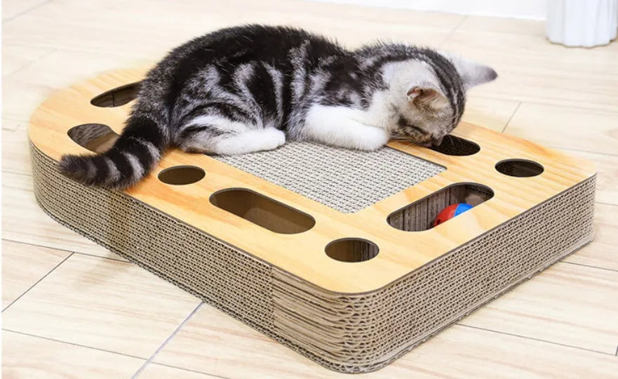 Brown corrugated cat scratch board 50.5 x 30.5 x 6cm with included ball for indoor cats