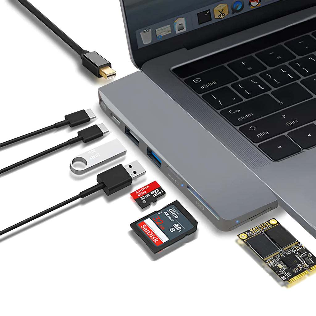An 8-in-1 USB-C hub with dual plugs for MacBook Pro, showing USB, HDMI, and card reader ports.