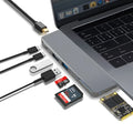 An 8-in-1 USB-C hub with dual plugs for MacBook Pro, showing USB, HDMI, and card reader ports.