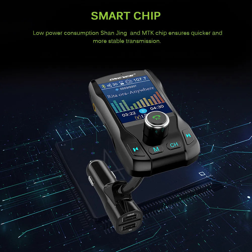 Car Bluetooth FM transmitter with colour screen plugged into car cigarette lighter