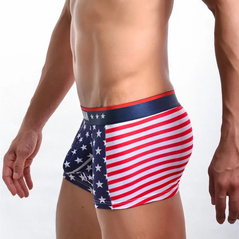 Red ribbed boxers with American flag print, cotton spandex blend, sizes S-XL