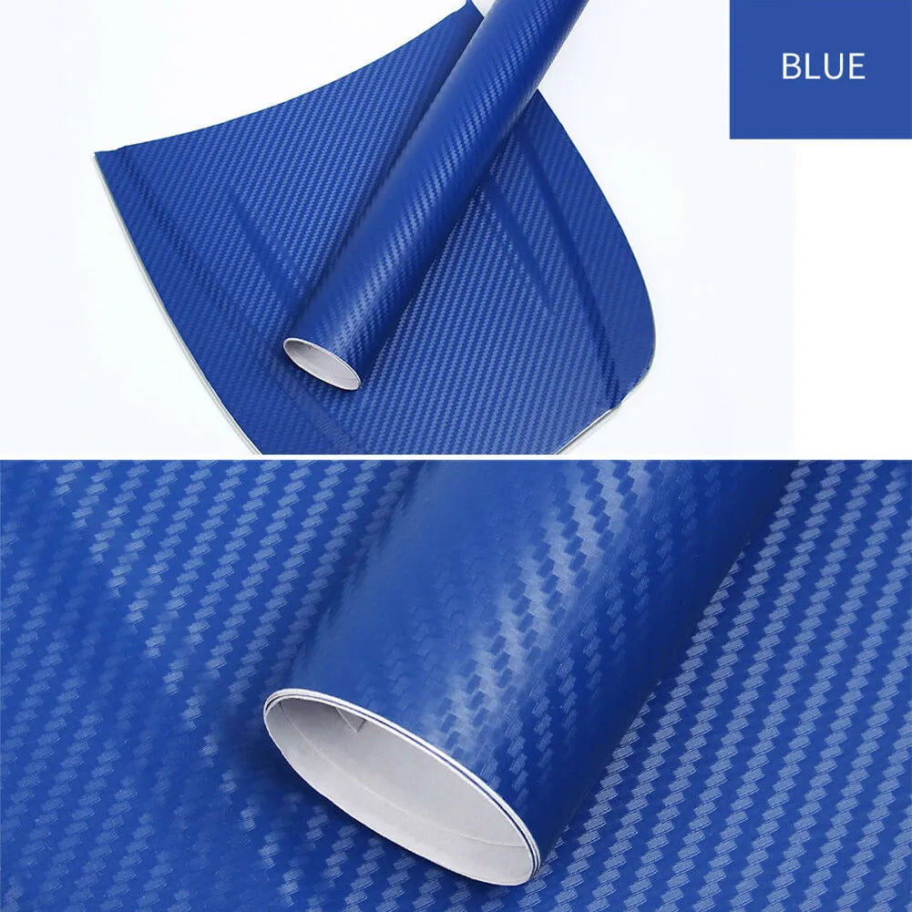 Roll of black carbon fibre textured vinyl sticker for car decoration, showing 3D pattern.