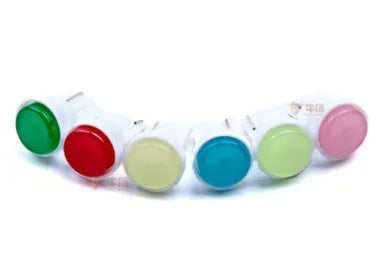 T10 wedge base LED bulb in six colours: white, blue, red, purple, yellow, green, showing compact size.