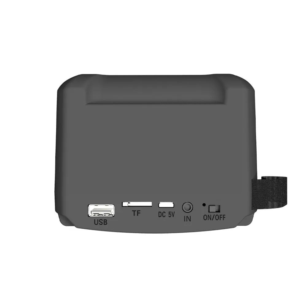 Portable Bluetooth speaker with USB charging cable, compact 110x87x137mm design for desktop and outdoor audio