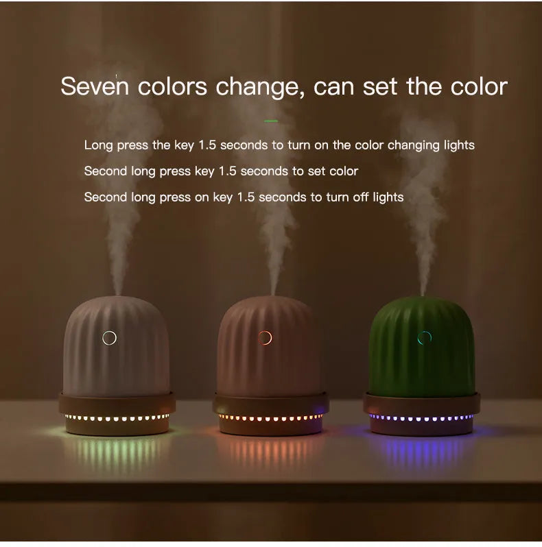 Cactus humidifier night light in green, pink, or white, 260ml tank, USB or rechargeable, 98 x 98 x 112mm