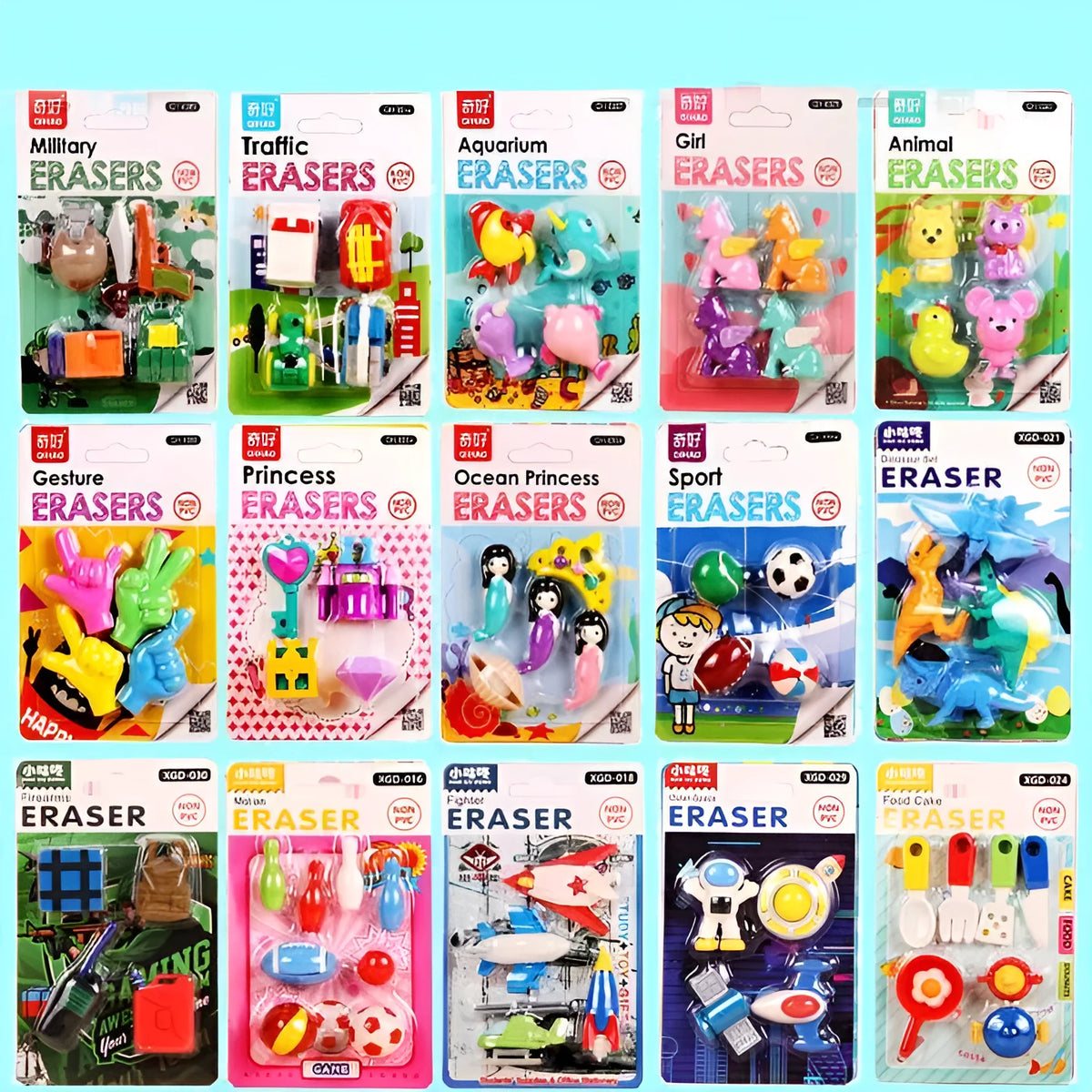 24 colourful mini novelty erasers with 3D shapes including cars, animals, food, and fantasy characters on a white background.