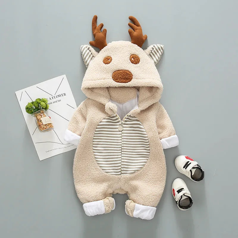 Baby wearing a long-sleeve cotton blend romper with a lace-up strap closure