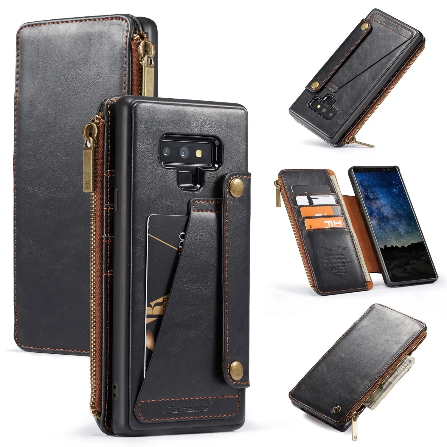 Samsung Note9 leather flip case in black showing PU leather construction and flip design