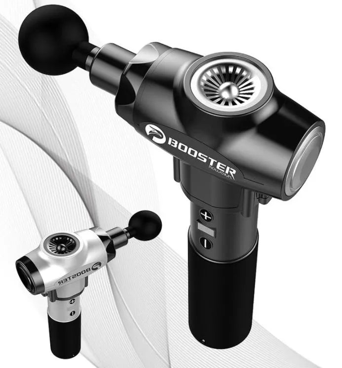 Black and white muscle relaxation massager with 12mm stroke depth and adjustable speed control
