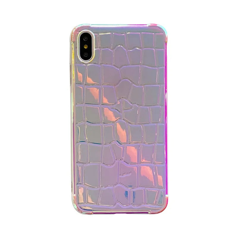 Silver glossy laser-effect silicone back cover case for iPhone with lanyard hole.