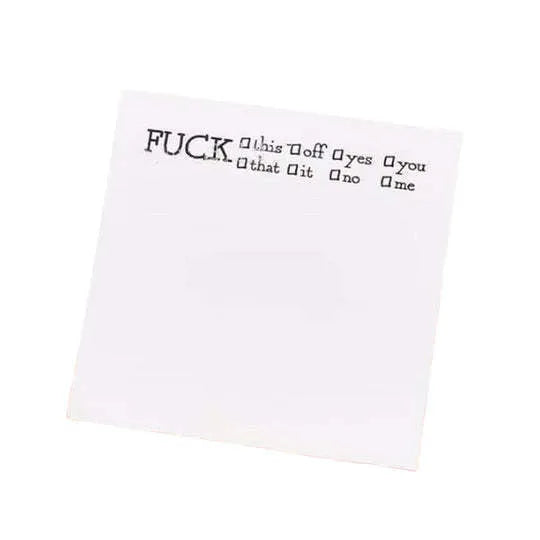 Square 7.5cm sticky note pad with adhesive strip and printed English text on cover.