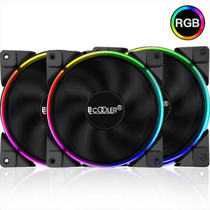 Three black 120mm RGB PC cooling fans with hydraulic bearings showing dimensions and lighting effects