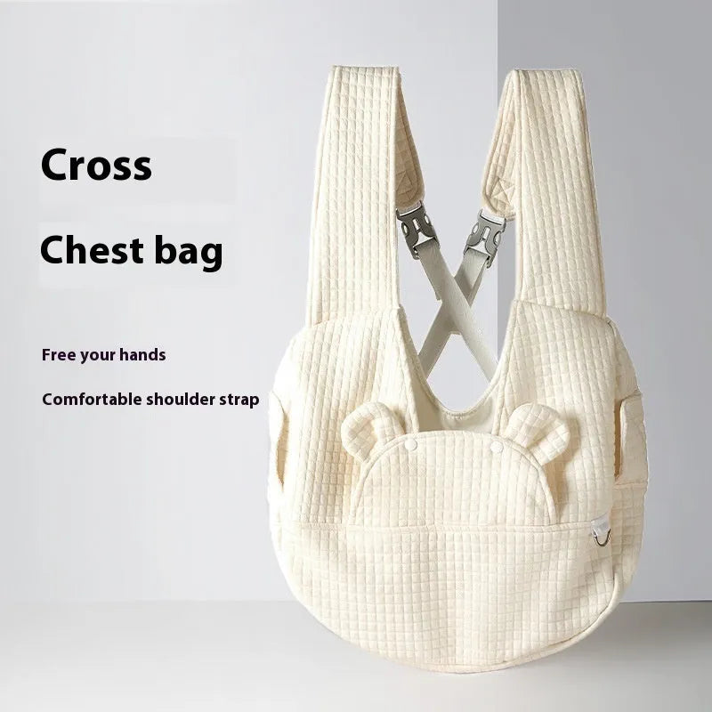 Grey quilted cross-chest pet diaper backpack for small dogs and cats, shown with dimensions.