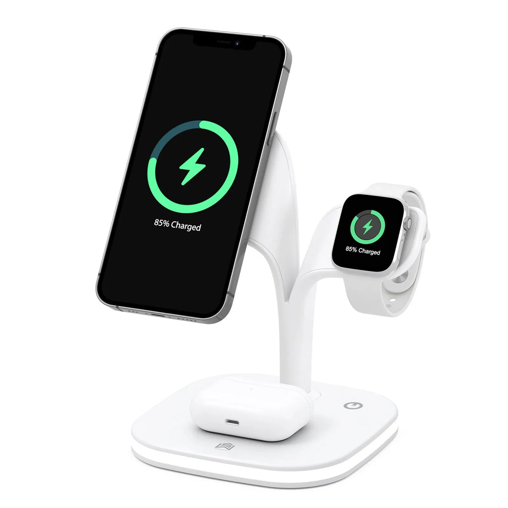 Black or white desktop wireless charging stand holding a phone, with outputs for headphones and a watch.
