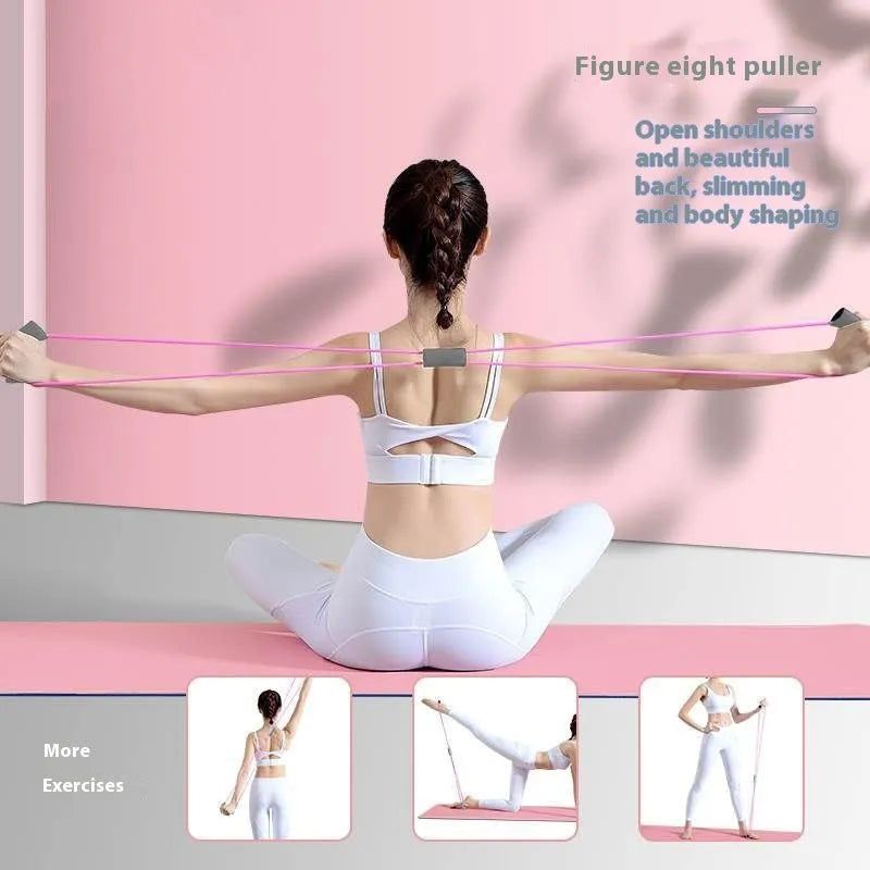 Yoga four piece set with leg stretching device, yoga ring, pedal tensioner, and figure eight tension rope on a mat